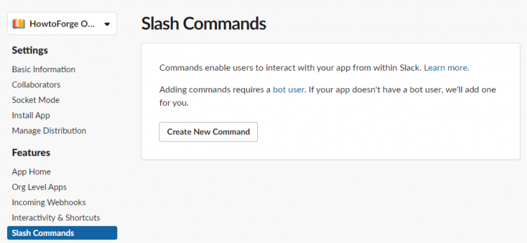 Página de comandos Slash