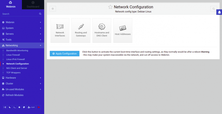 configuración de red de webmin