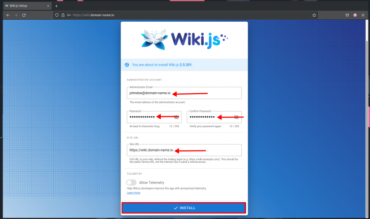 Wiki.js crea una cuenta de administrador y configura la URL del sitio