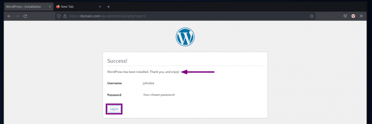 Instalación de WordPress exitosa