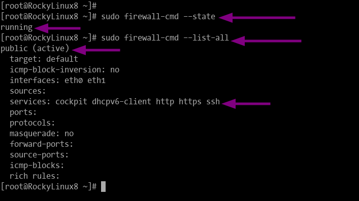 firewalld verificar el estado usando firewall-cmd