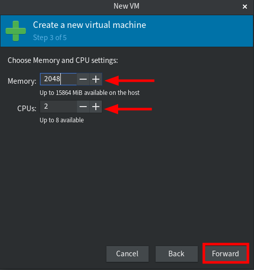configuración de memoria y CPU para máquina virtual