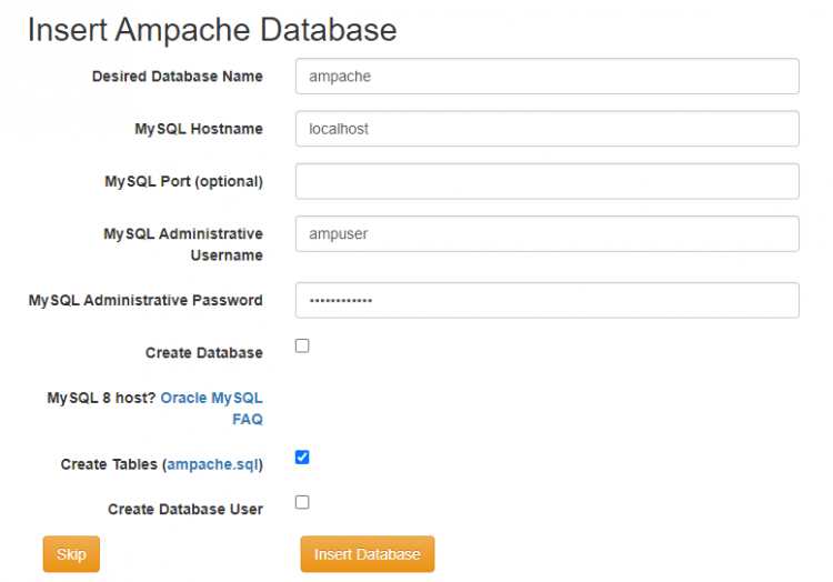 Configuración de la base de datos Ampache