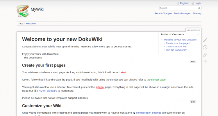 Página de bienvenida de DokuWiki