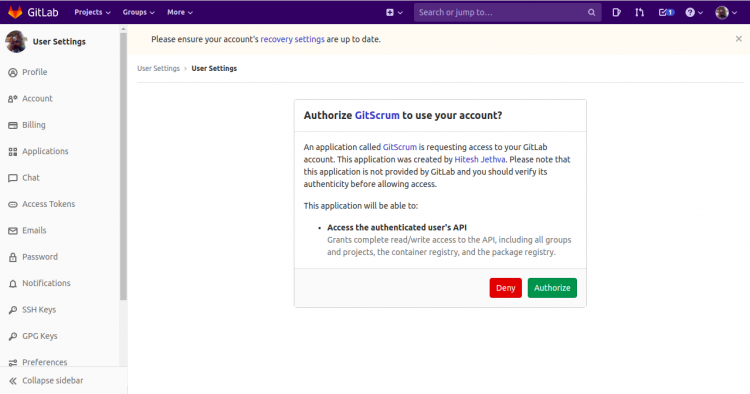 Otorgar acceso a GitScrum a la cuenta de Gitlab