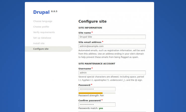 Configuración del sitio Drupal