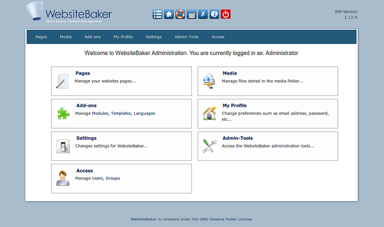 Interfaz de administración de WebsiteBaker