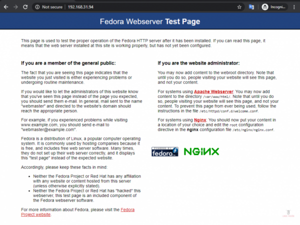 Página predeterminada de Nginx Fedora 32